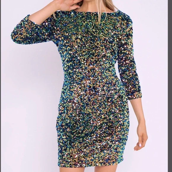 Aidan Mattox Long Sleeve Sequin OLIVE GREEN Dress - Picture 1 of 11